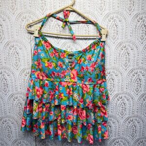 Catalina Tankini Swim Top Womens 2X Blue Floral Tiered Ruffle Halter Gold Detail